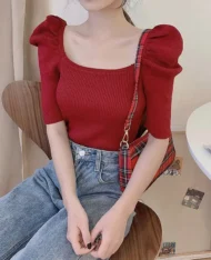 法式典雅宮廷袖針織上衣 - Image 3