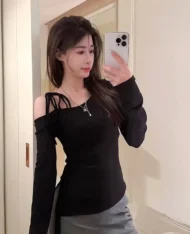 純欲繫帶斜露肩上衣 - Image 5