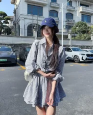 校園風條紋襯衫連身裙 - Image 3