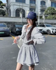 校園風條紋襯衫連身裙 - Image 2