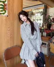 校園風條紋襯衫連身裙 - Image 7