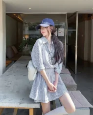 校園風條紋襯衫連身裙 - Image 4