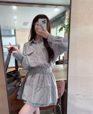 校園風條紋襯衫連身裙 - Image 8