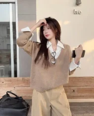 針織拼接假兩件上衣