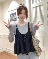 小碎花吊帶娃娃+長袖上衣兩件套Set - Image 9