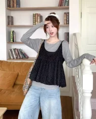 小碎花吊帶娃娃+長袖上衣兩件套Set - Image 5