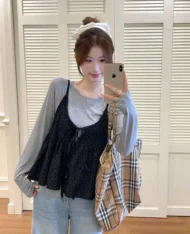 小碎花吊帶娃娃+長袖上衣兩件套Set - Image 8