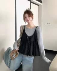 小碎花吊帶娃娃+長袖上衣兩件套Set - Image 7