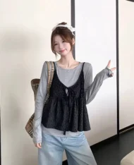 小碎花吊帶娃娃+長袖上衣兩件套Set - Image 4