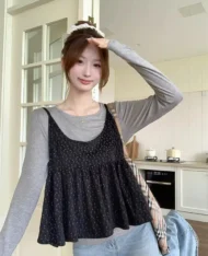 小碎花吊帶娃娃+長袖上衣兩件套Set