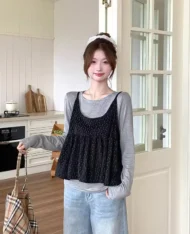 小碎花吊帶娃娃+長袖上衣兩件套Set - Image 2