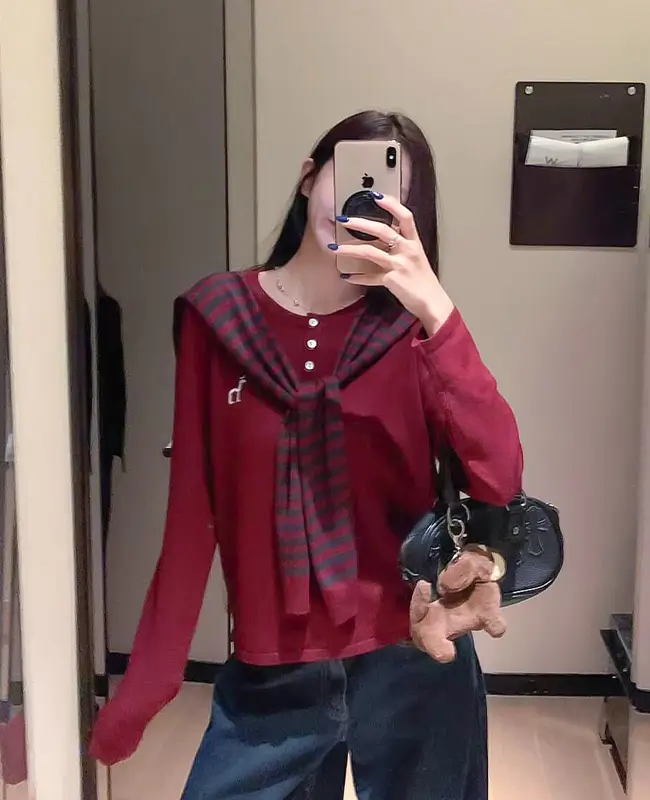 sw70 (10) 條紋披肩+長袖上衣兩件套set - Image 1