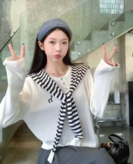 條紋披肩+長袖上衣兩件套set - Image 4