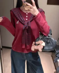 條紋披肩+長袖上衣兩件套set - Image 2