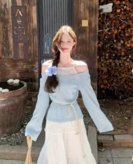 簍空透視感拼接假兩件上衣 - Image 3