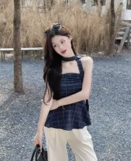 附送繩子！平口格紋娃娃上衣 - Image 3