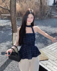 附送繩子！平口格紋娃娃上衣