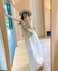 舒適雪紗鬆緊腰寬長褲 - Image 3