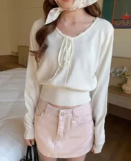 溫柔女孩繫帶針織上衣 - Image 4