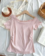 芭蕾風斜肩蕾絲繫帶上衣 - Image 18