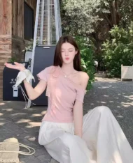 芭蕾風斜肩蕾絲繫帶上衣 - Image 8