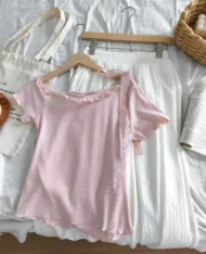 芭蕾風斜肩蕾絲繫帶上衣 - Image 12