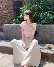 芭蕾風斜肩蕾絲繫帶上衣 - Image 6