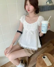 附繞脖綁帶！波點蕾絲娃娃上衣 - Image 9