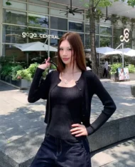 直條紋針織背心+外套兩件套set - Image 3