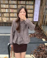 復古日系娃娃領格紋上衣 - Image 3