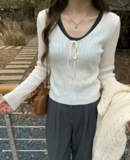 韓系直扛條撞色假兩件上衣 - Image 4